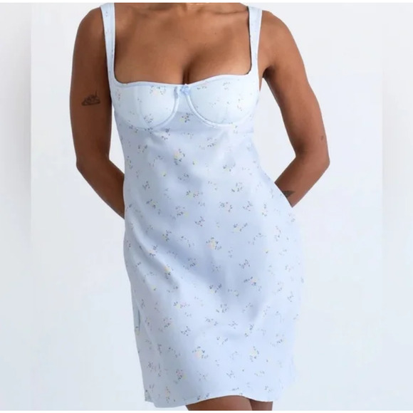 Rumored Loverboy Mini Dress Blue Floral Silky Size Small Open Back Homecoming - Picture 1 of 13
